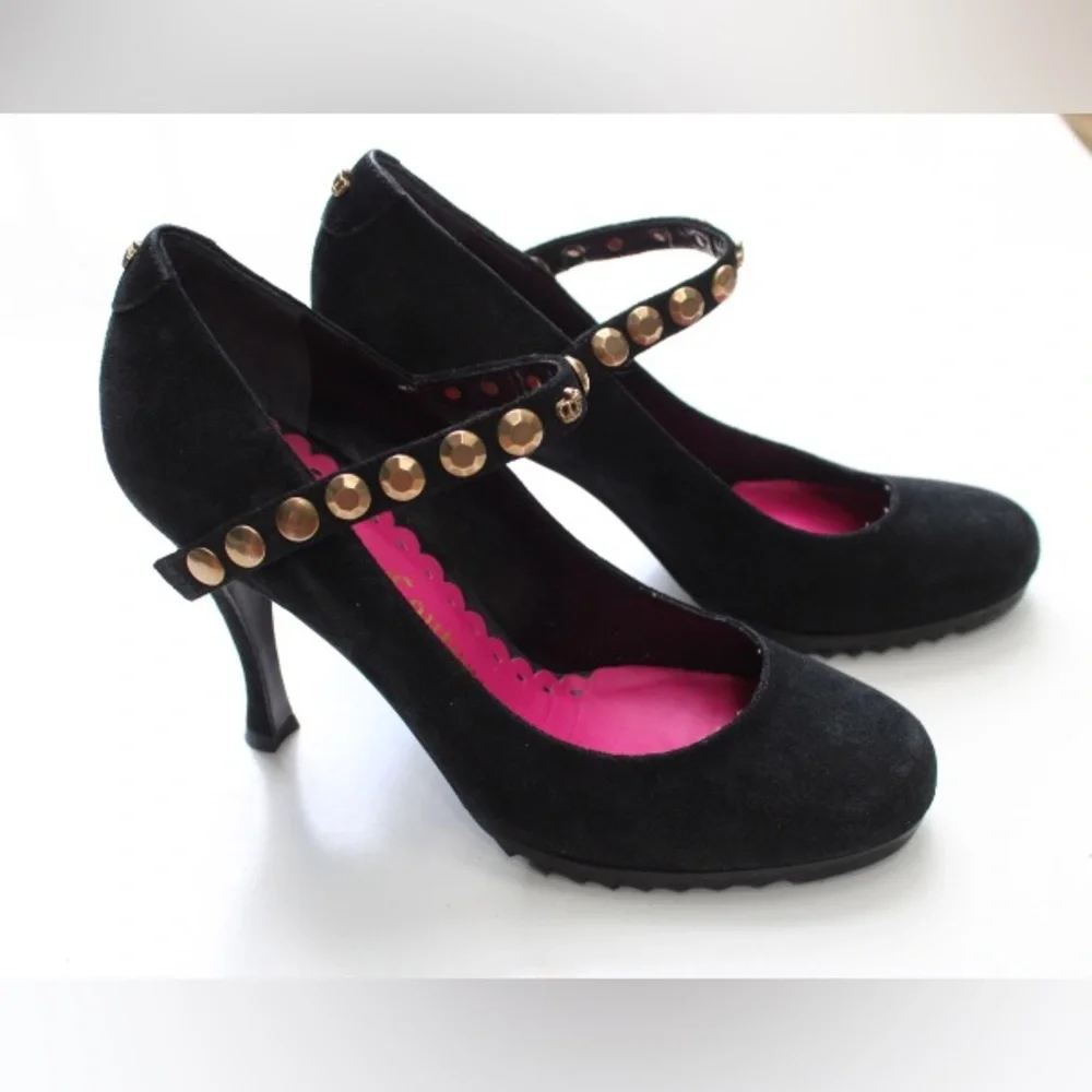 Juicy Couture Black Suede Mary Jane Heels with Gold Studs and Pink Lining